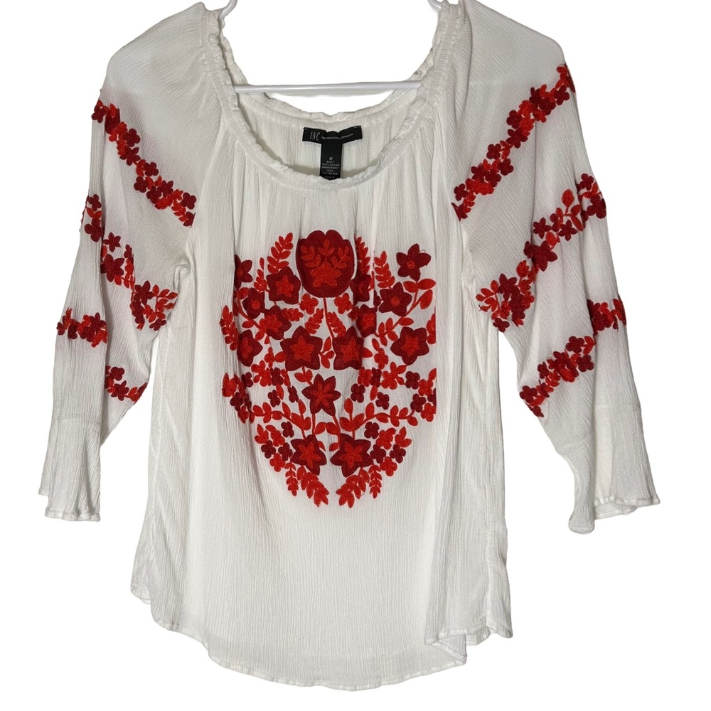 INC International Concepts White Peasant Blouse with Red Embroidery